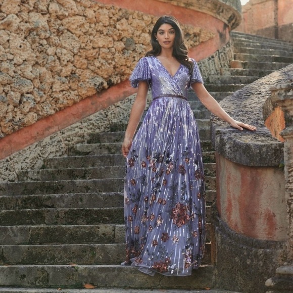 MAC DUGGAL Sequin Embellished A Line Flounce Sleeve V-Neck Gown Lilac Size 14 - Picture 2 of 10